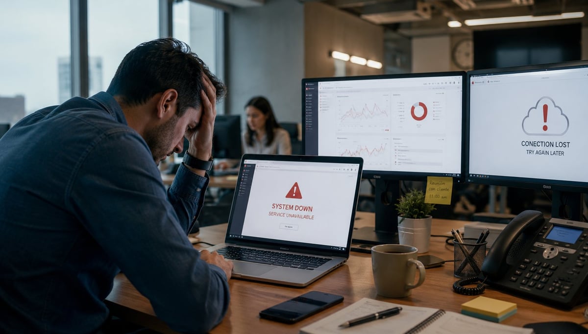 Stressed man at office desk looking at laptop with error warning while coworkers work in background